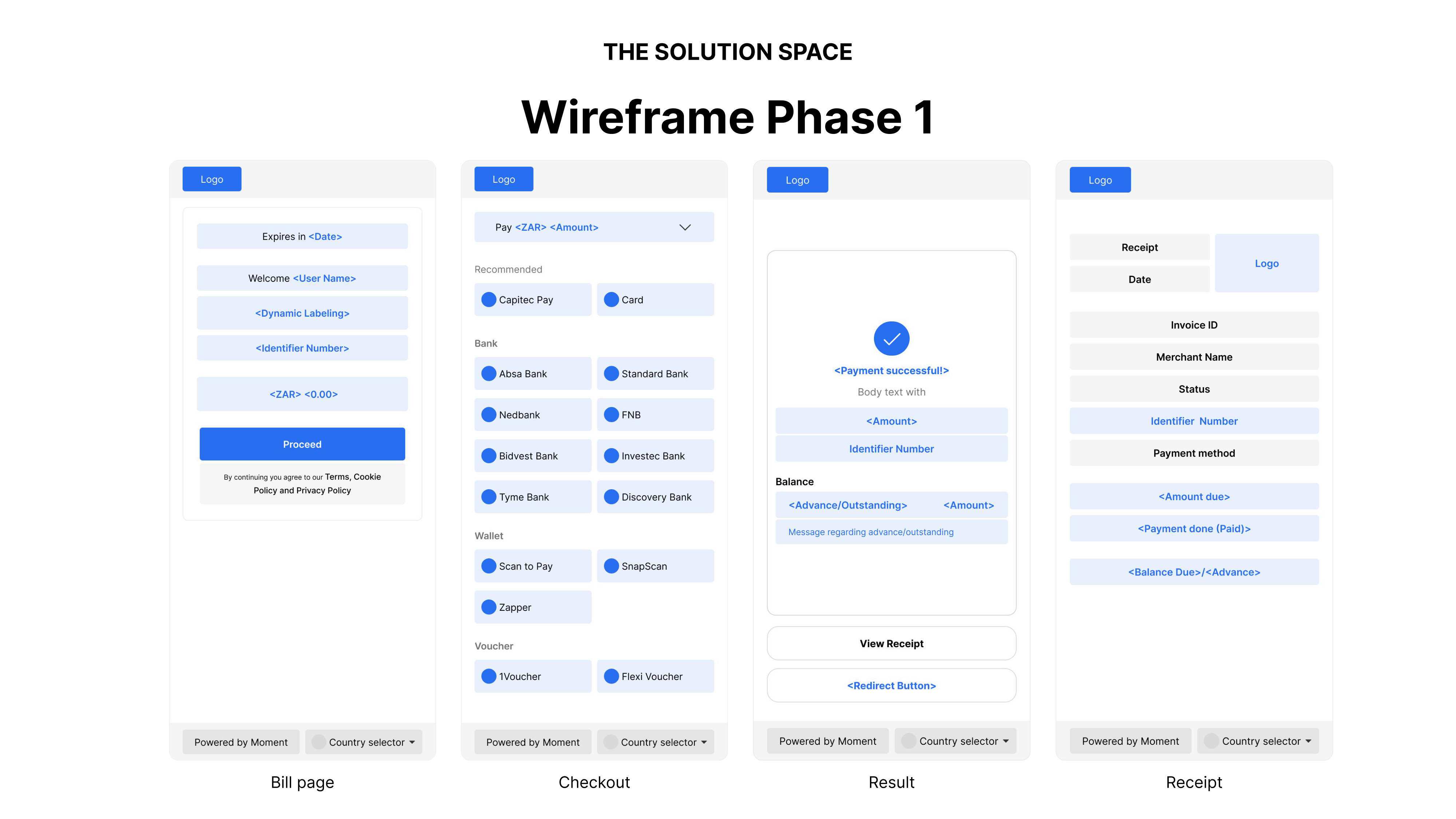 Wireframe phase 1 — bill, checkout, result, receipt