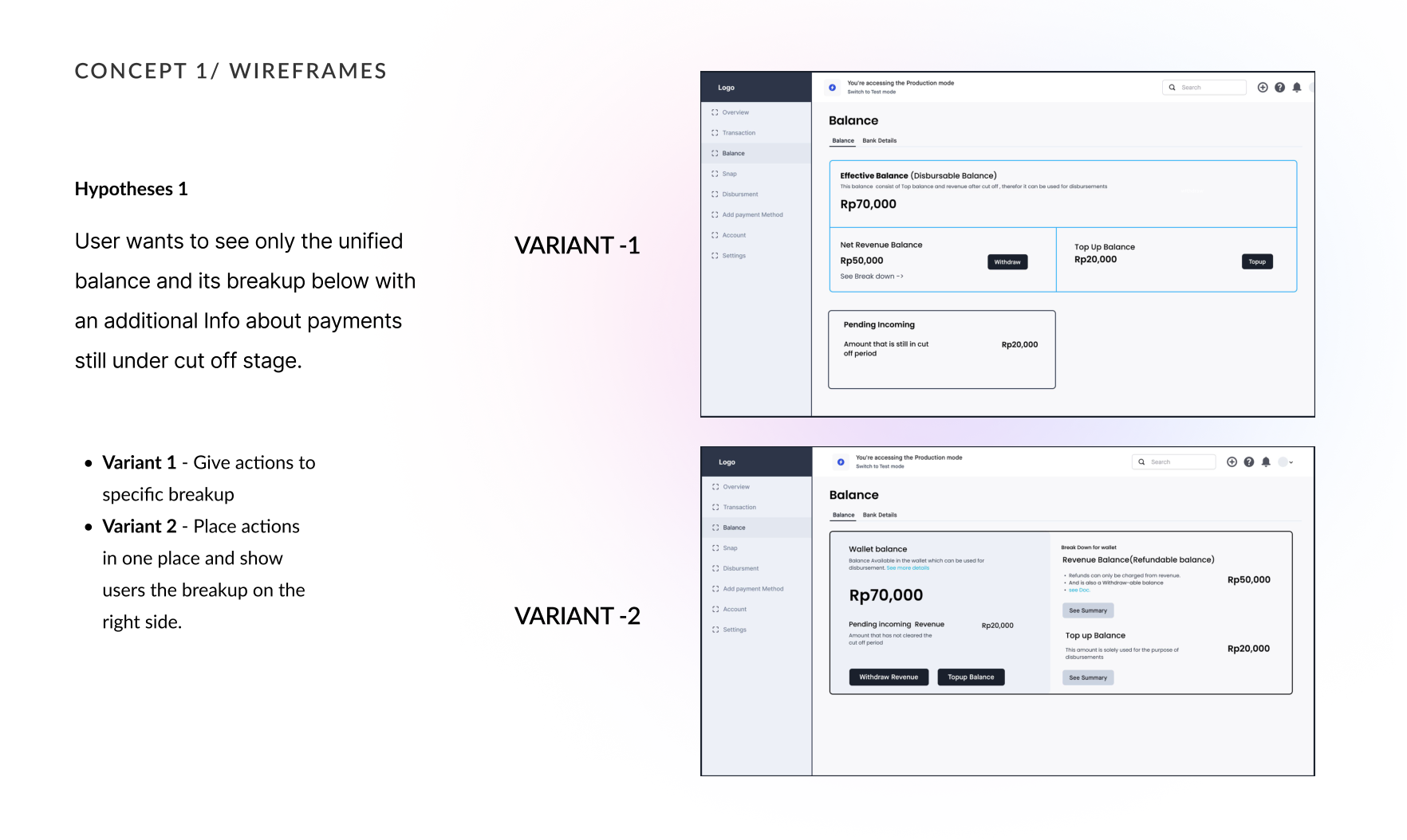 Concept wireframes for unified balance, variant explorations