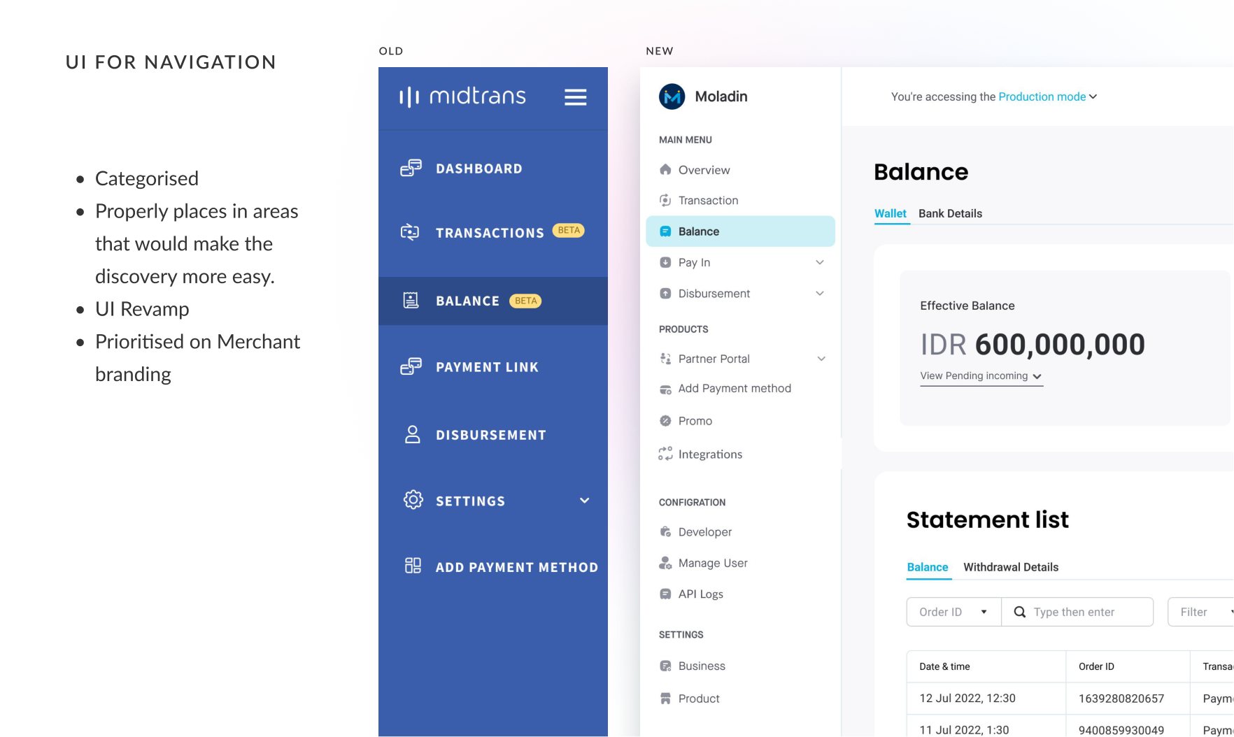 Old vs new navigation for the merchant dashboard
