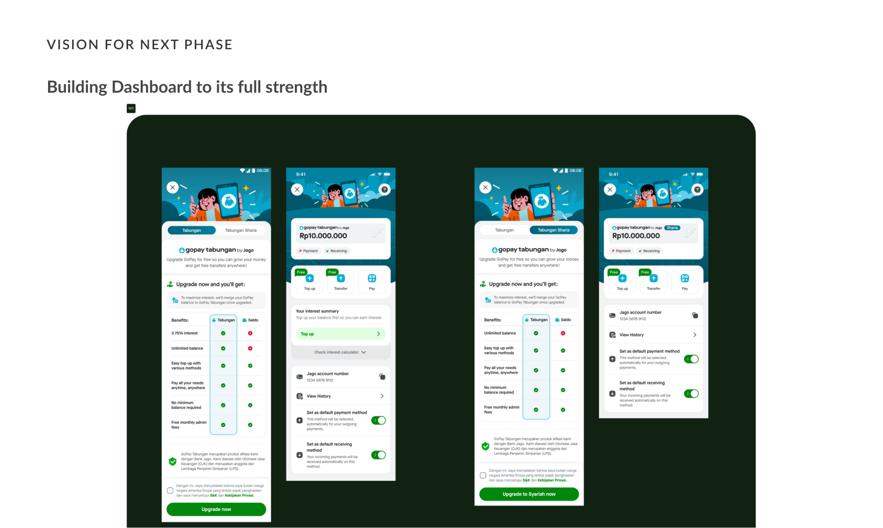 Vision for next phase — upgrade flow comparing e-money and savings benefits