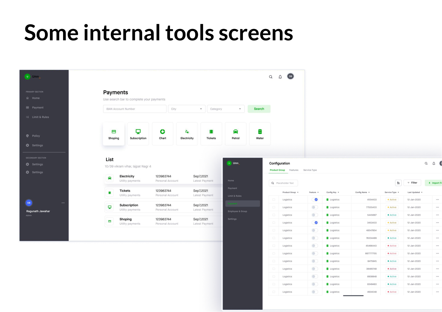 Internal tools screens sharing the same component library