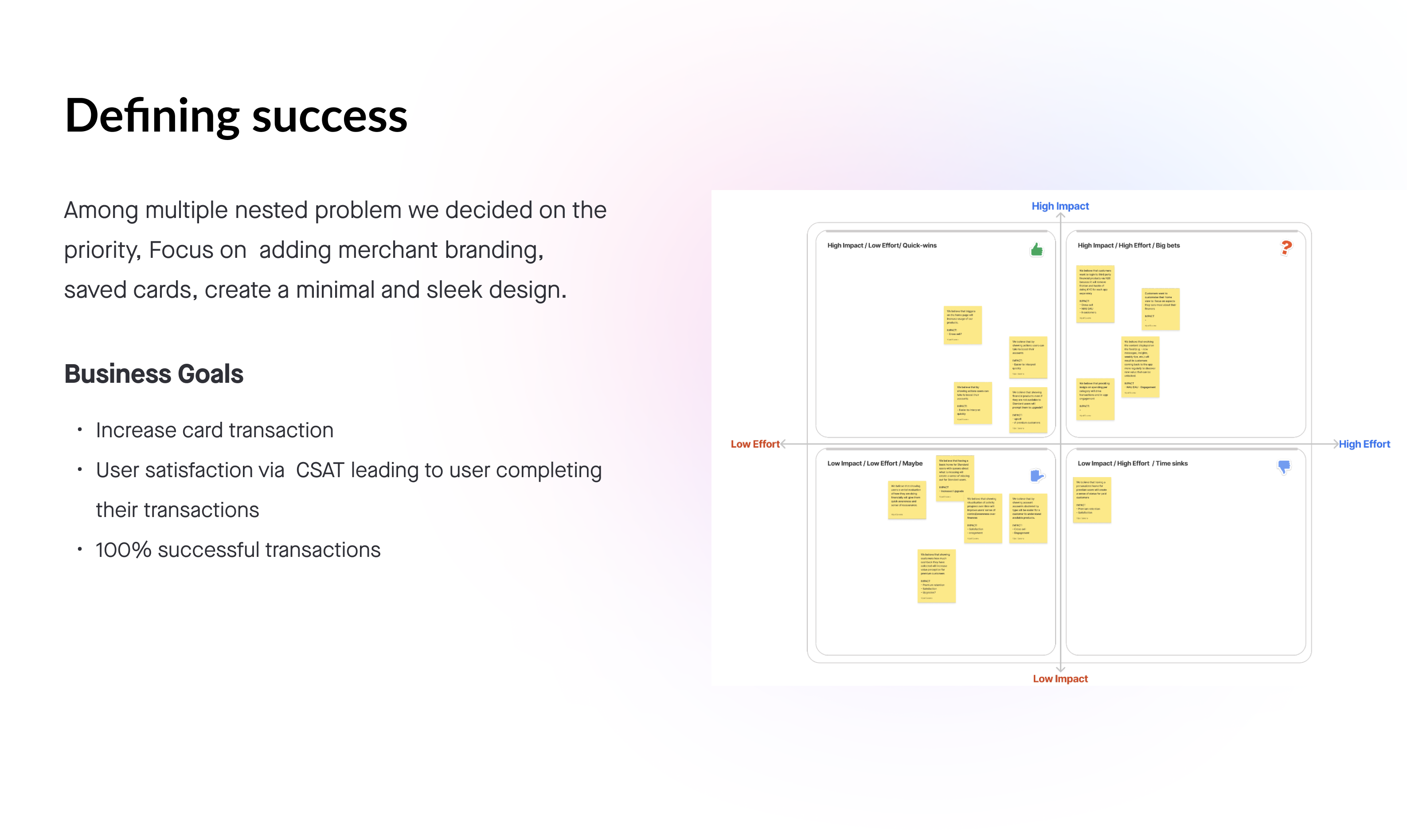 Impact vs effort prioritization matrix and business goals