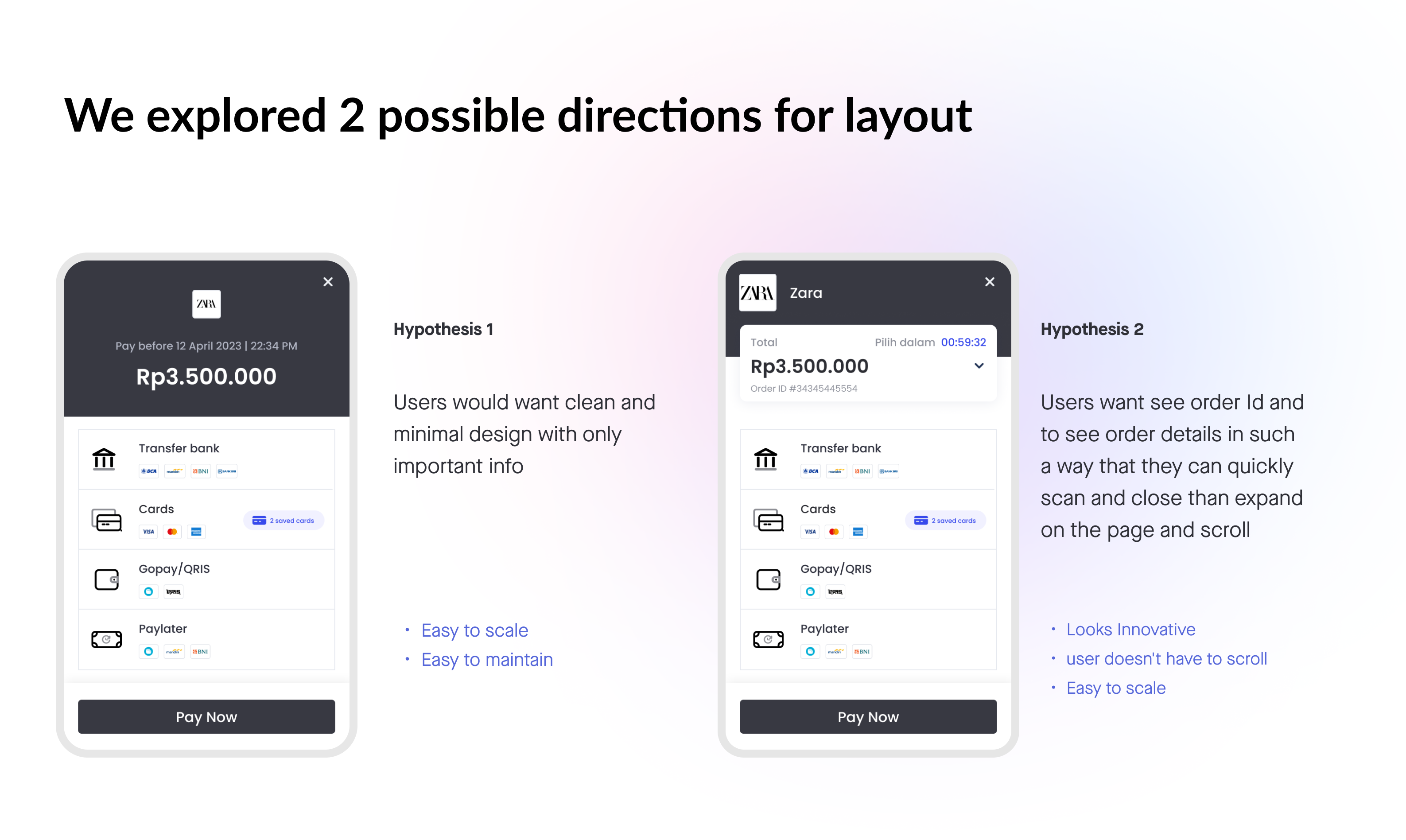 Two checkout popup layout hypotheses side by side