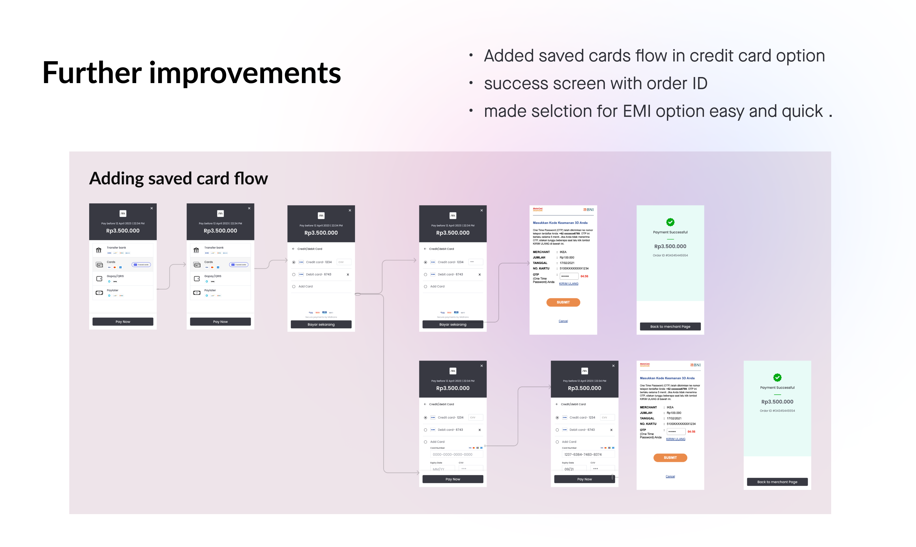 Final saved-card flow ending in a success screen with order ID